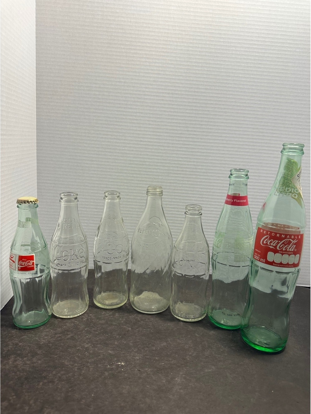 Vintage Coca Cola Pepsi glass bottles lot of 7 collectible soda bottles